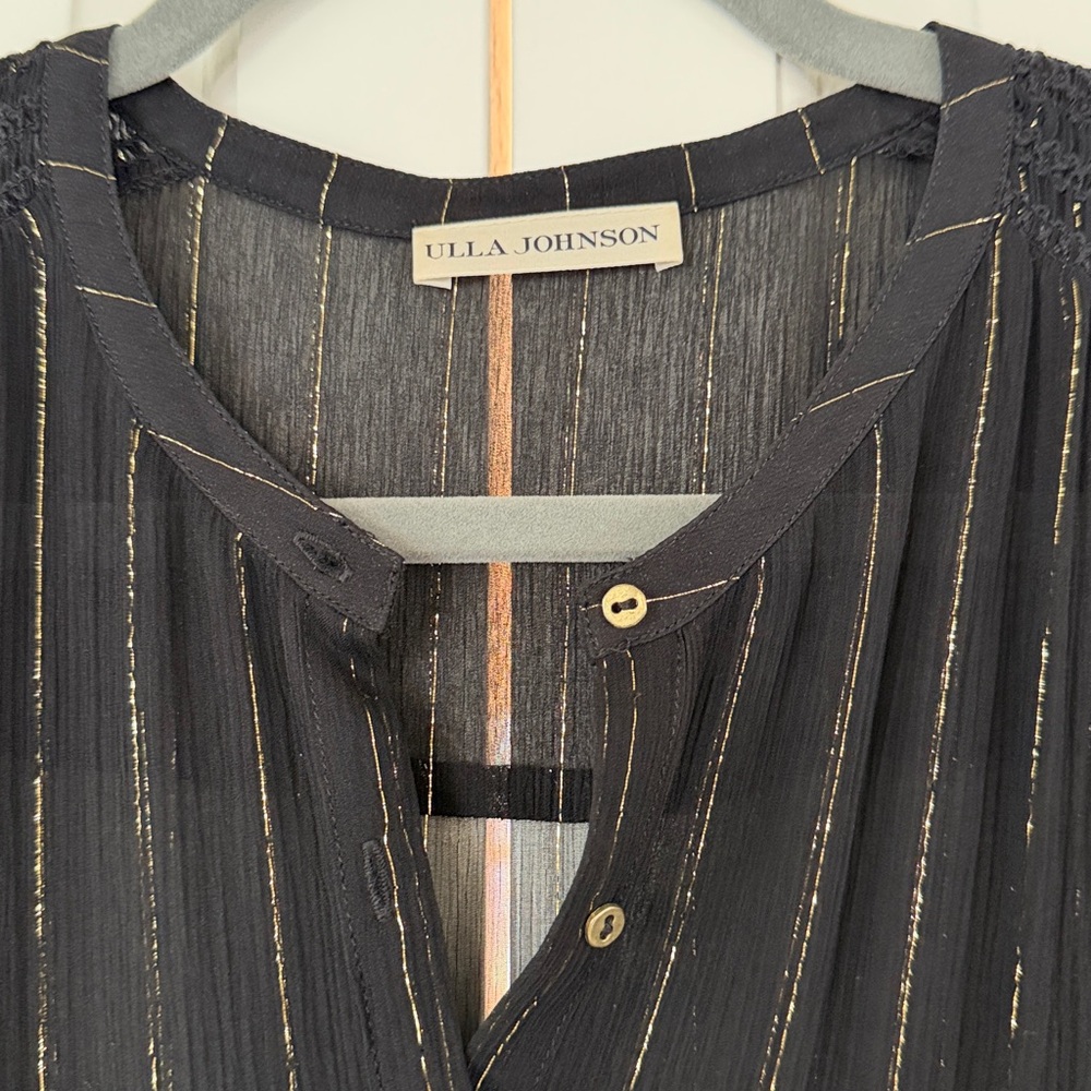 Ulla Johnson Black Silk Midi Dress with Gold Threaded Stripes - SZ 6 - Picture 3 of 5